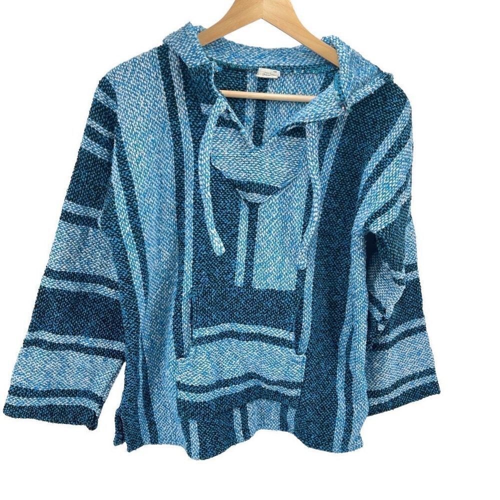 Vintage Artesanias Cuamatz Women's Hooded Sweater Acrylic Striped Blue Medium